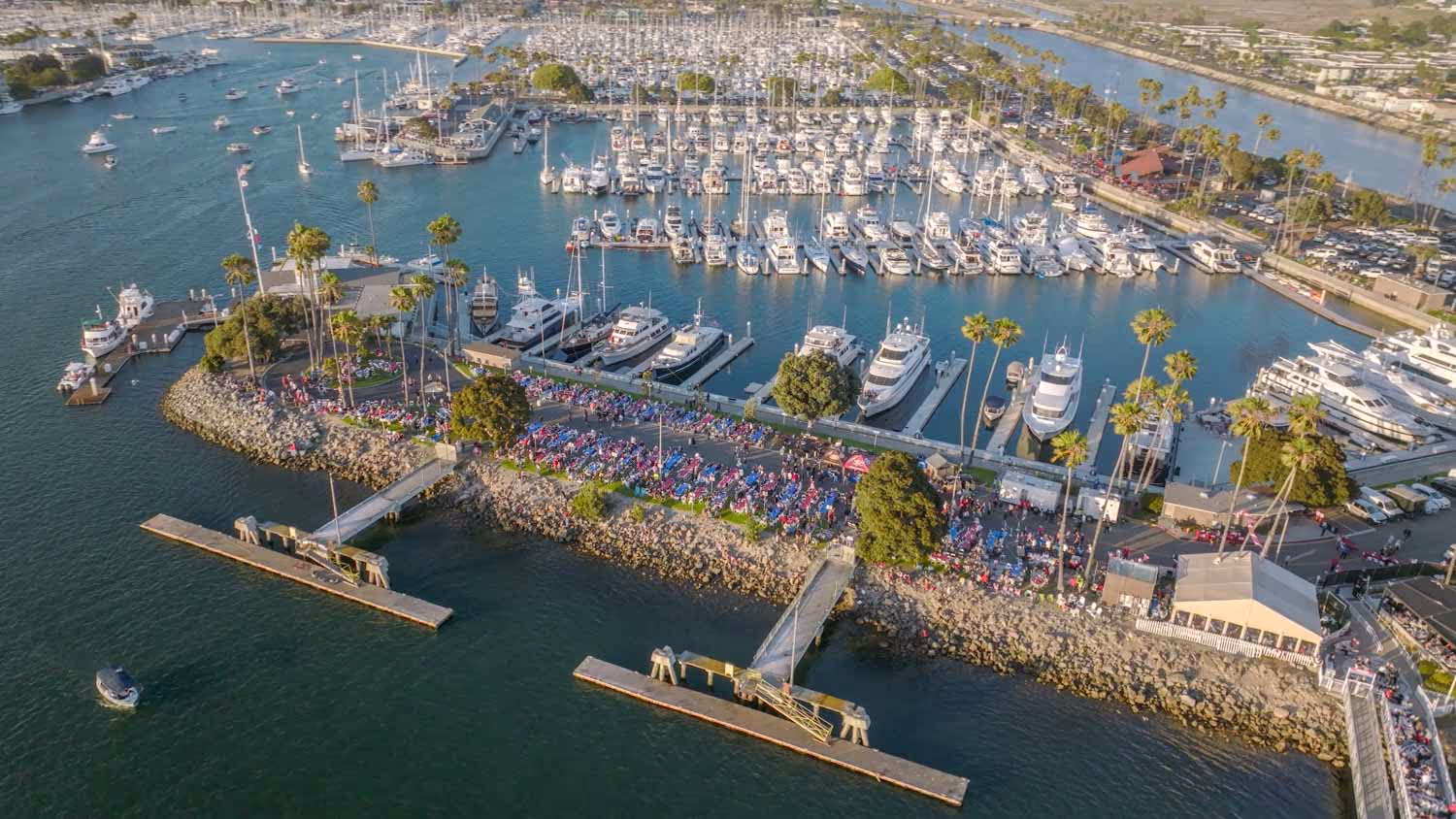 Aerial view of Big Bang on the Bay fireworks over Alamitos Bay