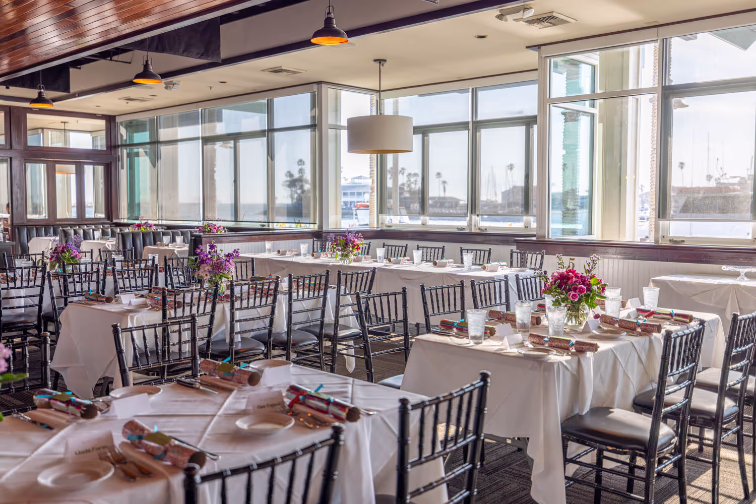 Private event setting with waterfront ambiance
