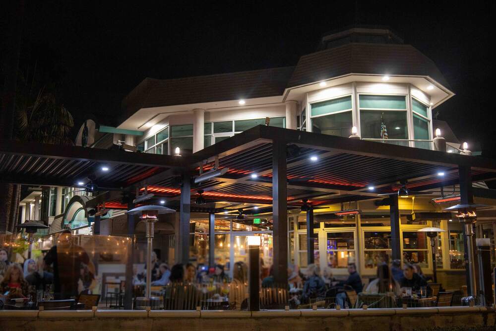 Patio seating with marina views