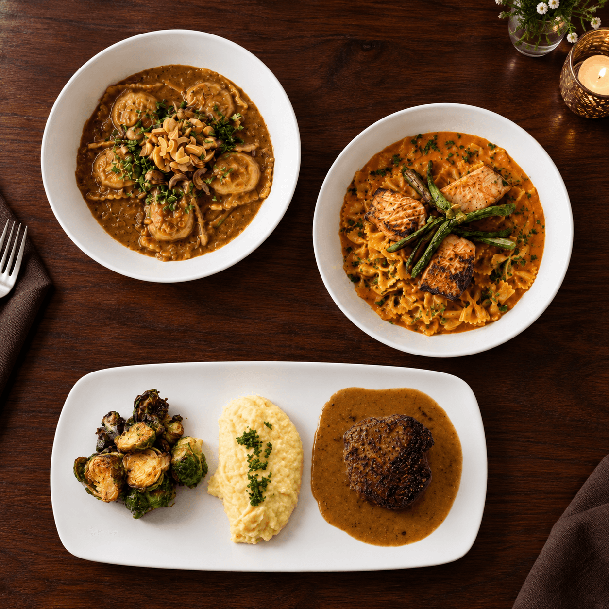 Raviolis, salmon farfalle pasta, and filet mignon with mashed potatoes and Brussels sprouts, arranged on a dark wooden table.