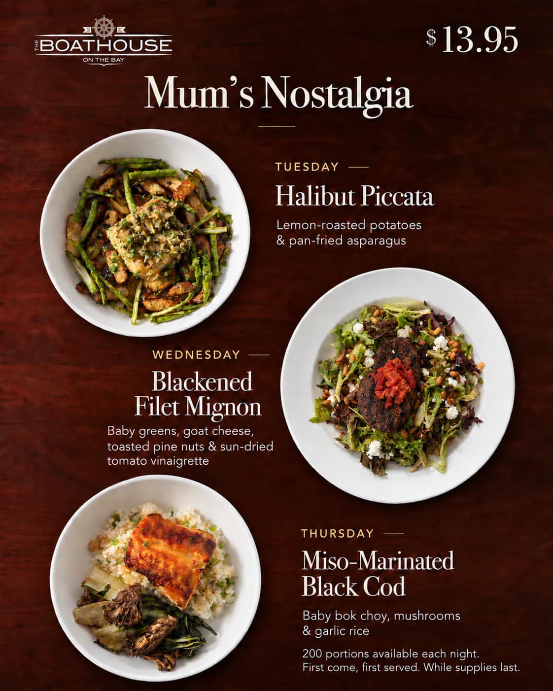 Halibut piccata, blackened filet mignon with baby greens, and miso-marinated black cod, photographed from above.