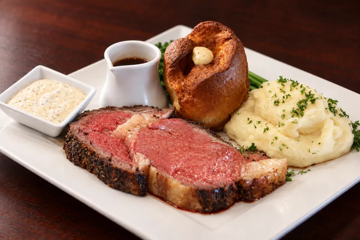 A closer view of the sliced prime rib, Yorkshire pudding, mashed potatoes and sauces from the Sunday dinner special.