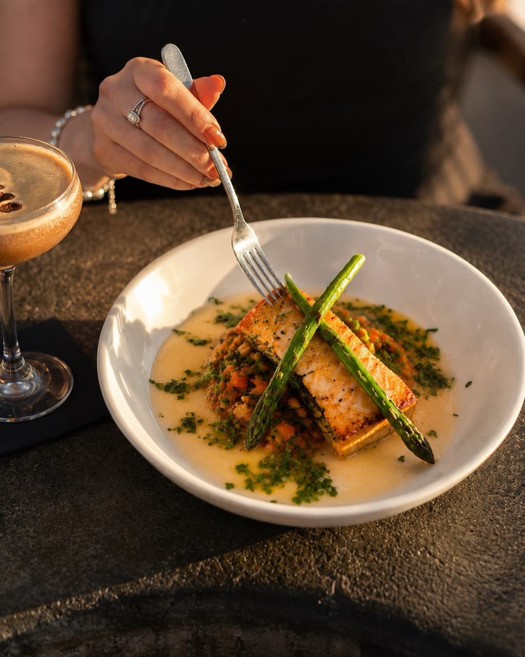 Halibut with fried rice, garlic asparagus and lobster cream sauce at Boathouse on the Bay, from Mum's Memory Lane Menu