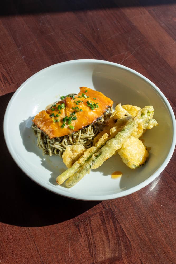 Miso Salmon over green-tea soba with tempura at Boathouse on the Bay, from the original Mum's menu and returning at its 2004 price